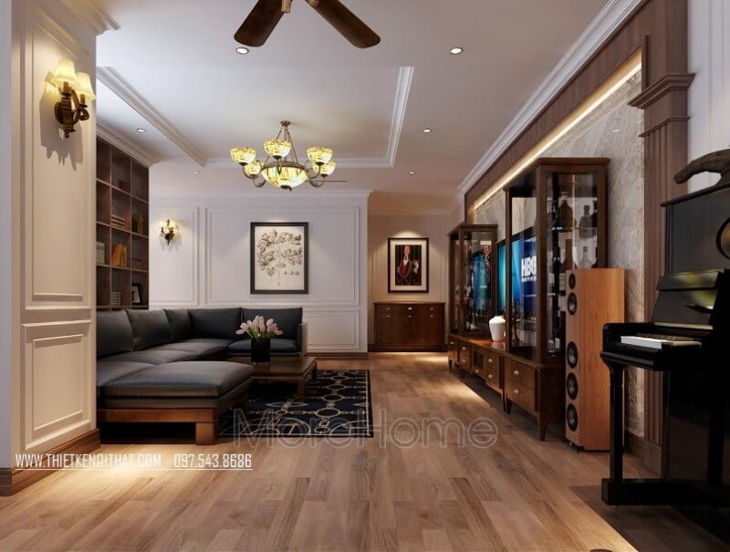 Thiết kế nội thất phòng khách chung cư đẹp với chất liệu gỗ óc chó tự nhiên nhập khẩu cao cấp Mẫu nội thất chung cư hiện đại đẹp