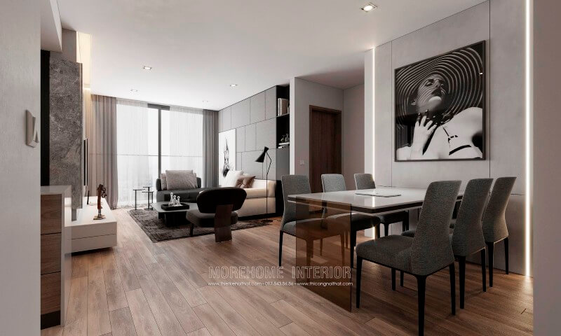Thiết kế chung cư hiện đại,khu vực sinh hoạt chung được thiết kế liền kề, phần cửa hướng ra ban công kích thước lớn mang lại ánh sáng và không khí trong lành cho căn phòng bớt ngột ngạt Mẫu nội thất chung cư hiện đại đẹp