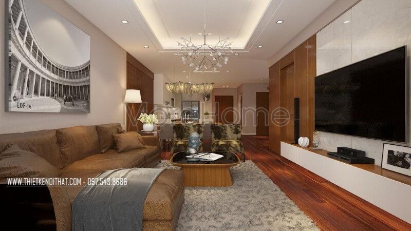Thiết kế nội thất phòng khách chung cư sang trọng sử dụng các chất liệu nhẹ nhàng góp phần mở rộng không gian và tăng độ thoáng cho căn hộ.