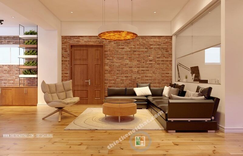 Mẫu thiết kế nội thất phòng khách chung cư sang trọng với bộ sofa bọc da cao cấp tạo điểm nhấn nổi bật cho căn phòng