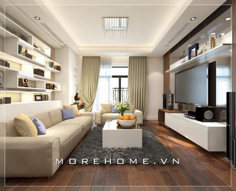 Kệ tivi màu trắng gỗ công nghiệp được thiết kế mang phong cách hiện đại góp phần tạo nên điểm nhấn chính giúp không gian trở nên ấn tượng.